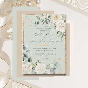 Invitation White Roses Gold Sage Vert Élégant Mariage