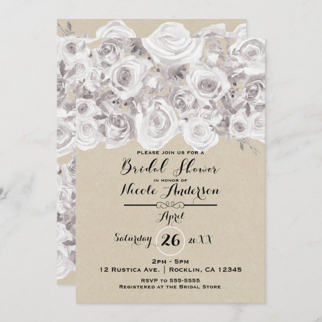 Invitation White Rustic Winter Roses Fête des mariées Kraft (Devant / Derrière)