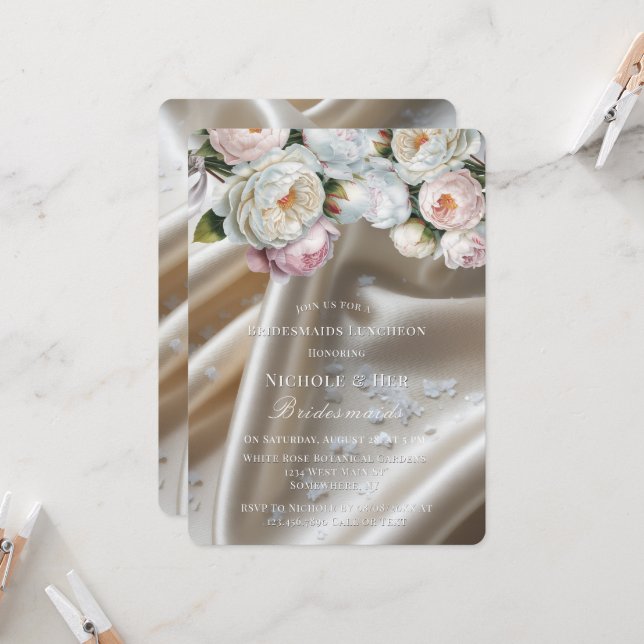 Invitation White Satin Roses and Peony Bridesmaids Luncheon (Devant/Arrière en situation)