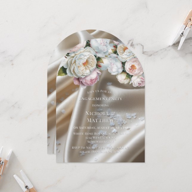 Invitation White Satin Roses and Peony Engagement Party (Devant/Arrière en situation)
