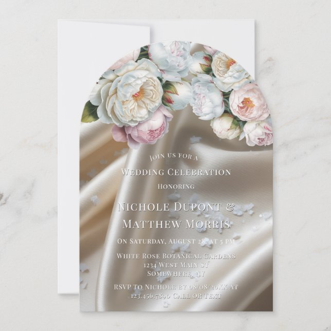 Invitation White Satin Roses and Peony Wedding (Devant)