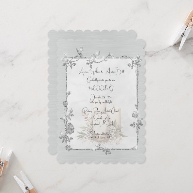 Invitation White Shiny Elegant Sparkly Frame Wedding (Devant/Arrière en situation)