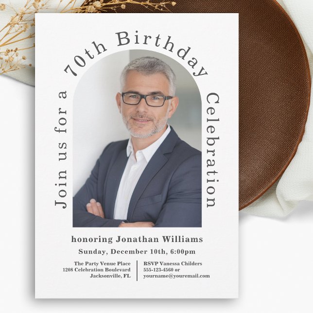 Invitation White Simple Photo Arch 70e fête d'anniversaire (Celebrate 70 in style with this attractive arched photo birthday party invitation.)