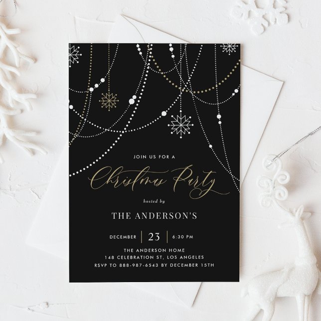 Invitation White String Lights Black Christmas Party (Créateur téléchargé)