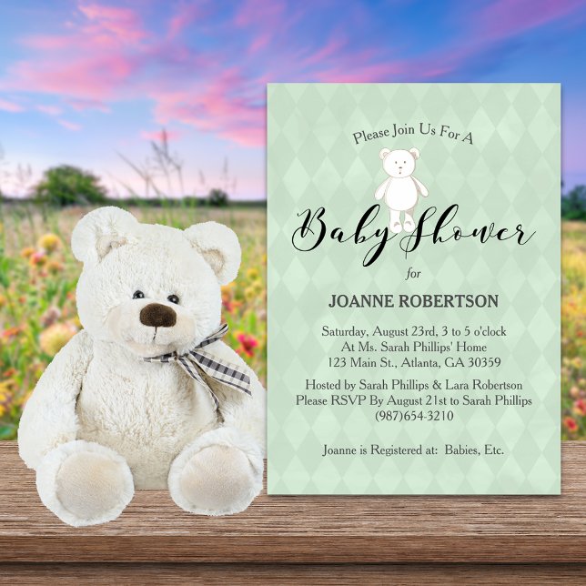 Invitation White Teddy Bear Diamond Sage Green Baby shower (Créateur téléchargé)