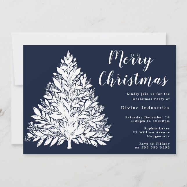 Invitation White Tree Navy Blue Christmas Party (Devant)