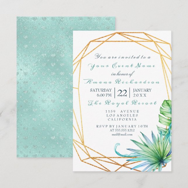 Invitation White Tropic Aqua Gold Frame Anniversaire (Devant / Derrière)