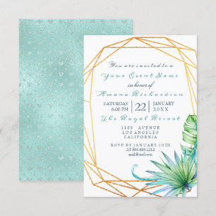 Invitation White Tropic Aqua Gold Frame Anniversaire