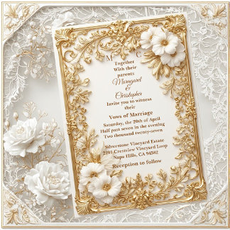 Invitation White Tulips Gold Ornate Baroque Grandeur Wedding 