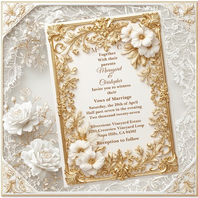 Invitation White Tulips Gold Ornate Baroque Grandeur Wedding  (White Tulips Gold Ornate Baroque Grandeur Wedding Invitation)