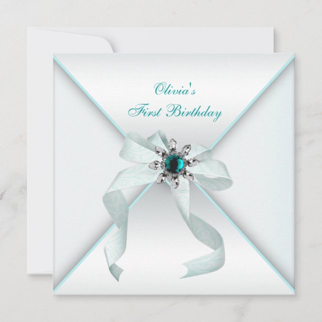 Invitation White Turquoise Blue Girls 1er anniversaire (Devant)