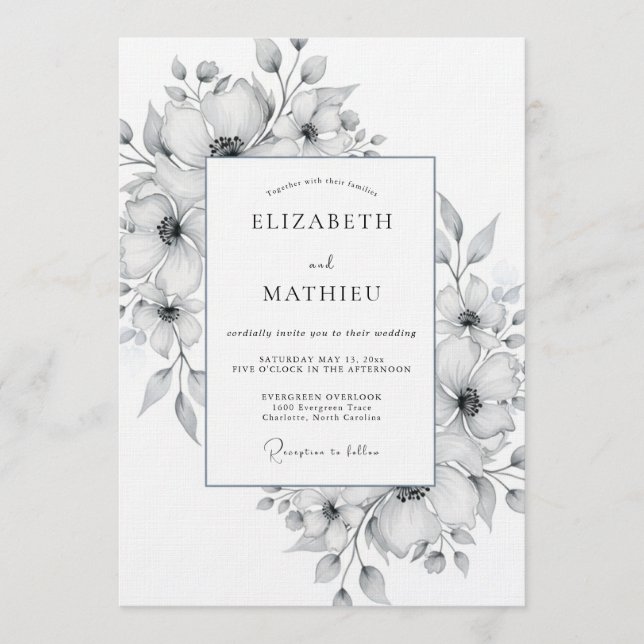 Invitation White Watercolor Floral Romance Wedding (Devant)