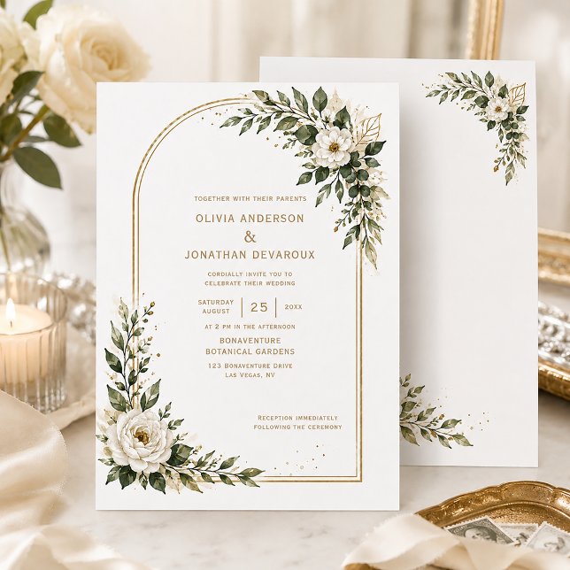 Invitation White Watercolor Florals Sage Greenery Gold Arch | (Créateur téléchargé)