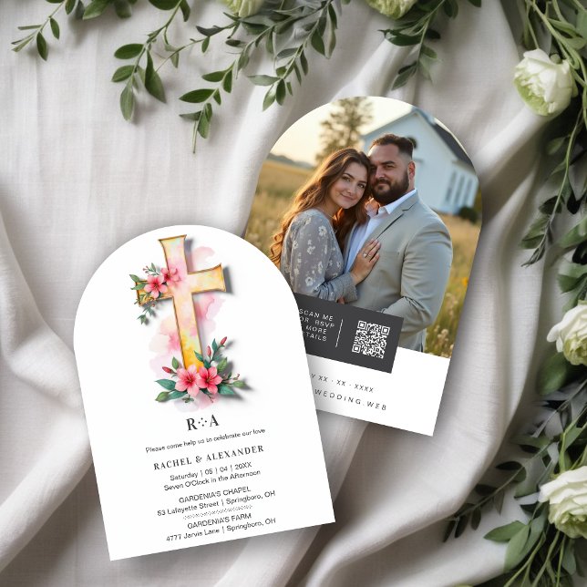 Invitation White Watercolor Pastel Floral Cross-Shape Wedding (White Watercolor Style Pastel Floral Cross-Shape Christian Wedding Invitation Cards.)