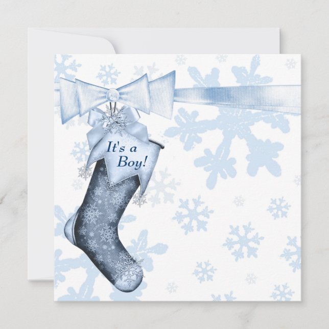 Invitation White Winter Blue Snowflakes Baby Boy Shoy (Devant)