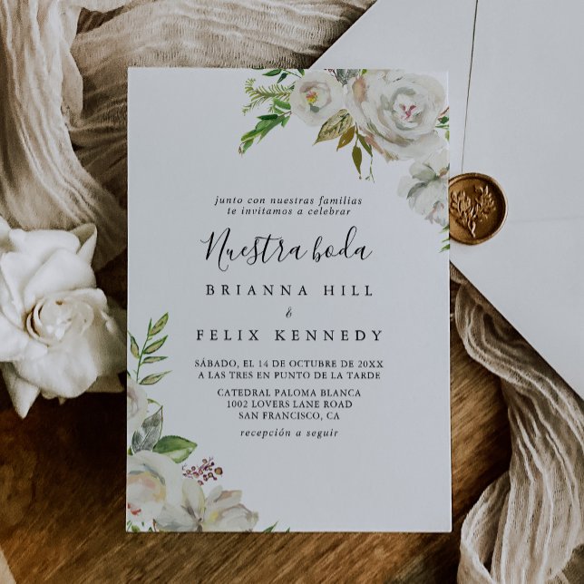 Invitation White Winter Peony Floral Nuestra Boda Mariage (Créateur téléchargé)