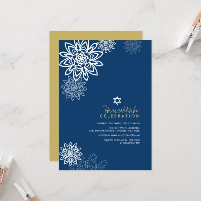 Invitation White Winter Snowflakes Hanoukka Celebration Party (Devant/Arrière en situation)