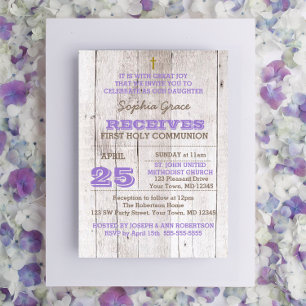 Invitation Whitewash Lilac Rustique Première Communion Sainte