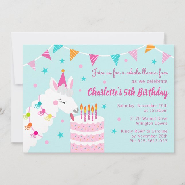 Invitation Whole Llama Fun Cake 5e Anniversaire Aqua (Devant)