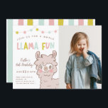 Invitation Whole Llama Fun Kids Birthday Party Photo<br><div class="desc">Cute llama theme kid's birthday party invitation template card featuring a cartoon style illustration of a fluffy llama with pink cheeks. There is colorful string lights at the top with a script text that says "Join us for a whole llama fun." Perfect for a girl's birthday party. You can add...</div>