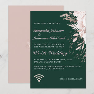 Invitation Wi-Fi virtuel Dusty Rose Floral Dark Green Mariage