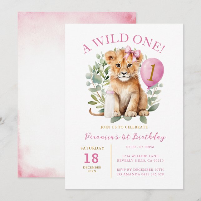 Invitation Wild 1 Anniversaire Lion Girl Anniversaire Floral  (Devant / Derrière)