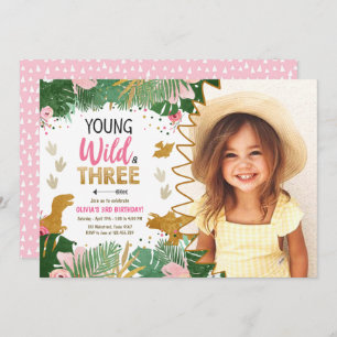 Invitation Wild and Three DinoGirl Pink Dinosaur 3e anniversa