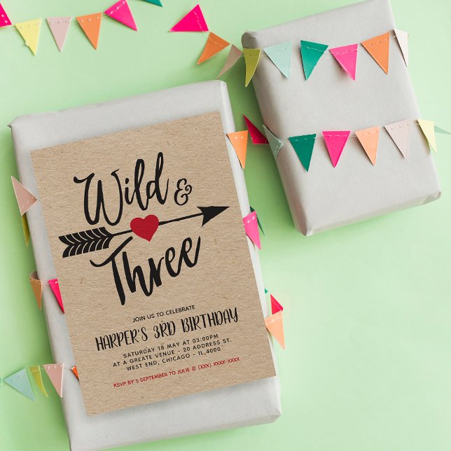 Invitation Wild and Three Modern Troisième Année Anniversaire (With a Faux Kraft background and "Wild and Three," this design captures the essence of adventure.)