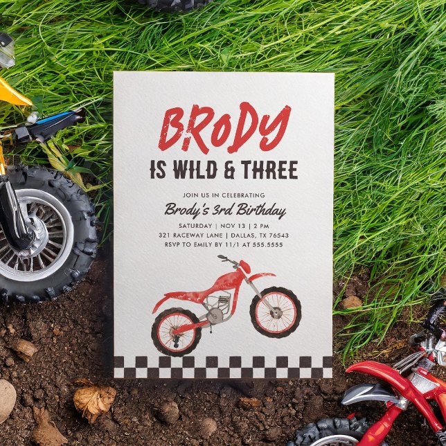 Invitation Wild and Three Red Dirt Bike Boy 3e anniversaire (Créateur téléchargé)