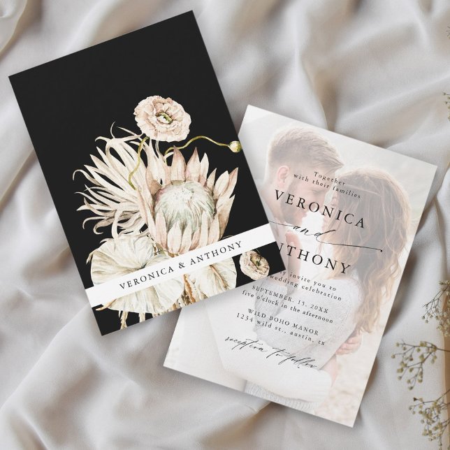 Invitation Wild Boho Protea Pampas Grass Black Mariage Photo (Créateur téléchargé)