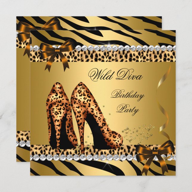 Invitation Wild Diva Leopard Zebra Hi Heels Anniversaire Part (Devant / Derrière)