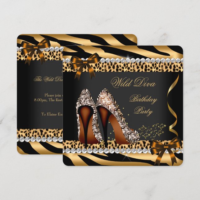 Invitation Wild Diva Leopard Zebra Hi Heels Birthday Party 3a (Devant / Derrière)