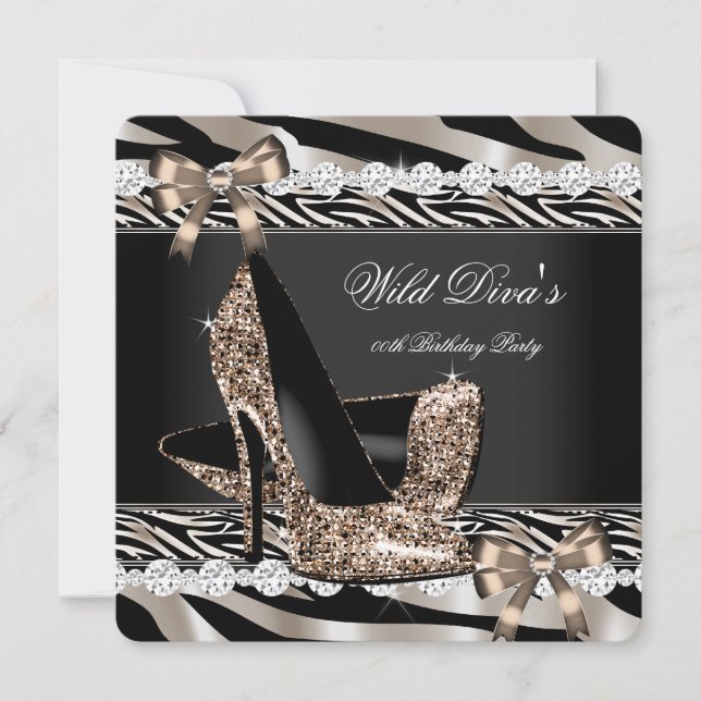 Invitation Wild Diva Zèbre Beige Talons Hauts Fête d'Annivers (Devant)