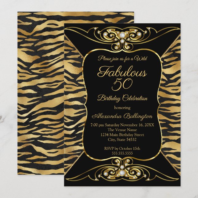 Invitation Wild Fabulous 50 Anniversaire fête Black Gold Tige (Devant / Derrière)