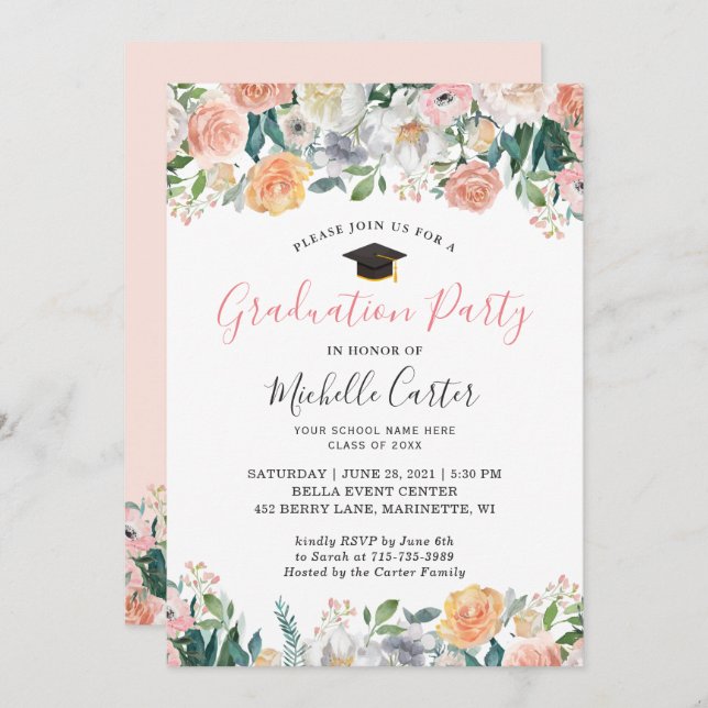 Invitation Wild Garden Roses Floral Photo Graduation Party (Devant / Derrière)