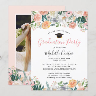 Invitation Wild Garden Roses Floral Photo Graduation Party