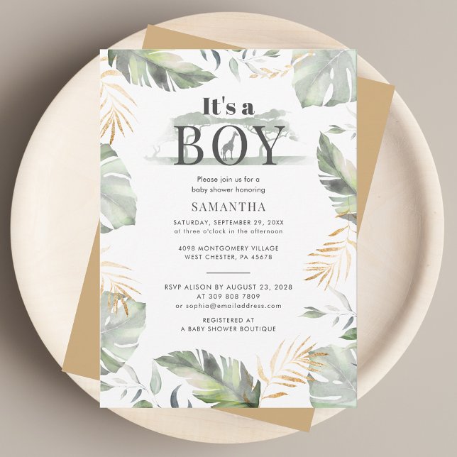 Invitation Wild Jungle Safari Baby shower botanique Boy (Its A Boy Jungle Baby Shower Invitation)