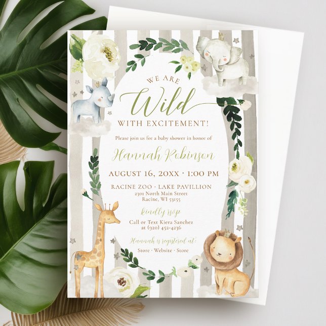 Invitation Wild Jungle Wreath Safari Animaux Baby shower Garç (Cute neutral green and brown watercolor safari animals wild floral wreath baby boy shower invitation)