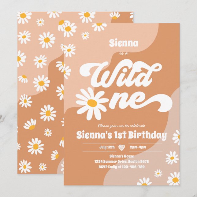 Invitation Wild One 1er anniversaire fête Boho Floral Daisy (Devant / Derrière)