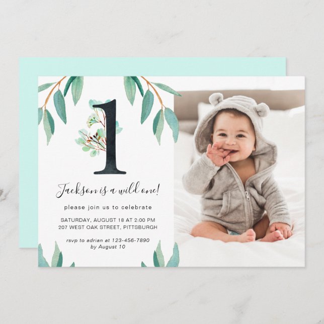 Invitation Wild One 1er anniversaire fête photo Bleu Retour (Devant / Derrière)