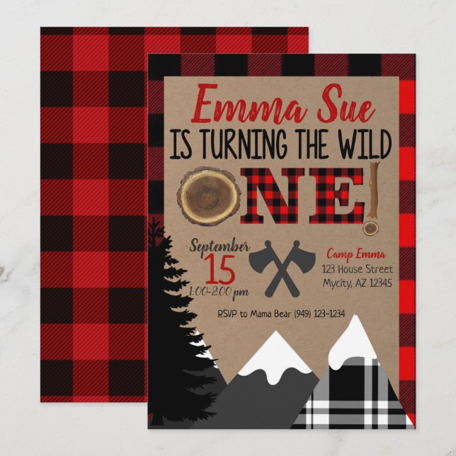 Invitation Wild One 1er anniversaire Flannel Lumberjack Anniv (Devant / Derrière)