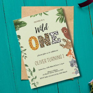 Invitation Wild One animal en lettres vert 1er anniversaire