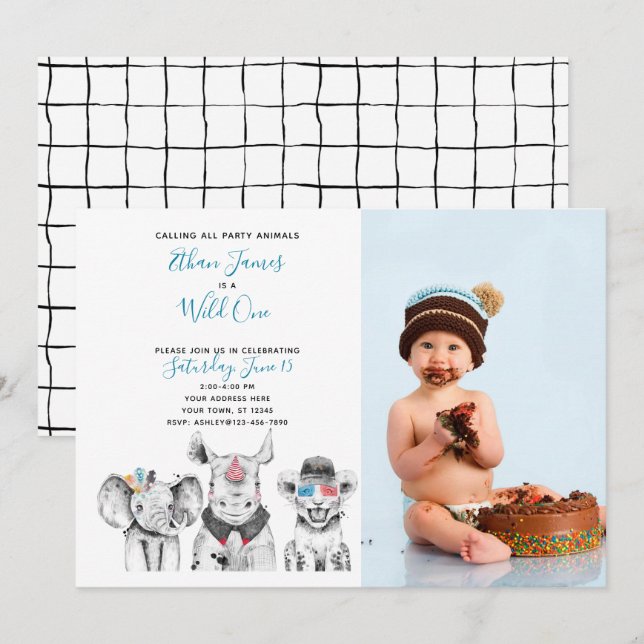 Invitation Wild One Animal Safari Baby Boy 1er Birthday Photo (Devant / Derrière)
