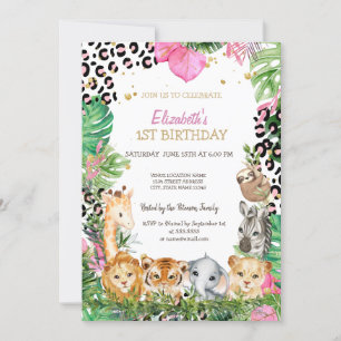 Invitation Wild One Animaux Jungle Feuilles tropicaux 1er