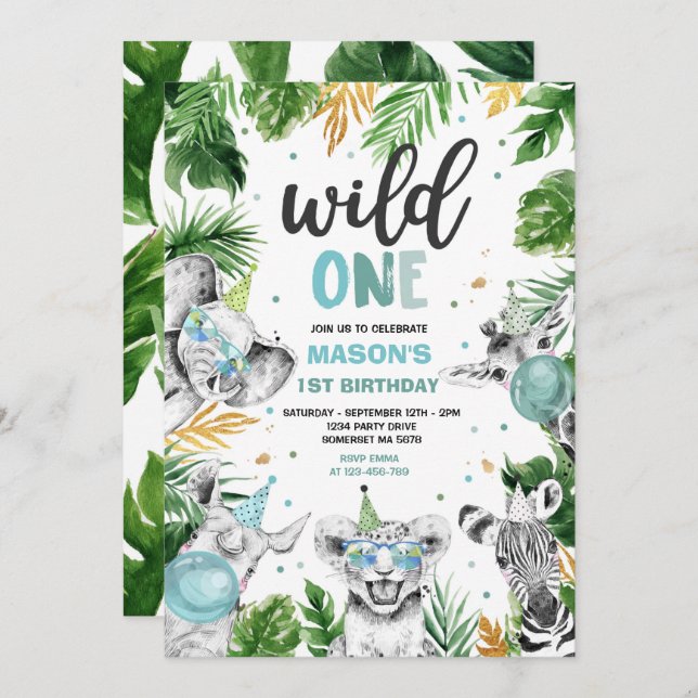 Invitation Wild One Anniversaire Gold Safari Jungle Animation (Devant / Derrière)