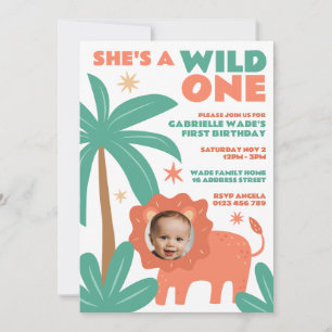 Invitation Wild One Baby Girl Lion Face Photo 1er anniversair
