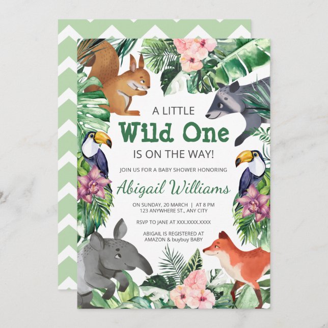 Invitation Wild One - Baby shower des animaux de la jungle (Devant / Derrière)