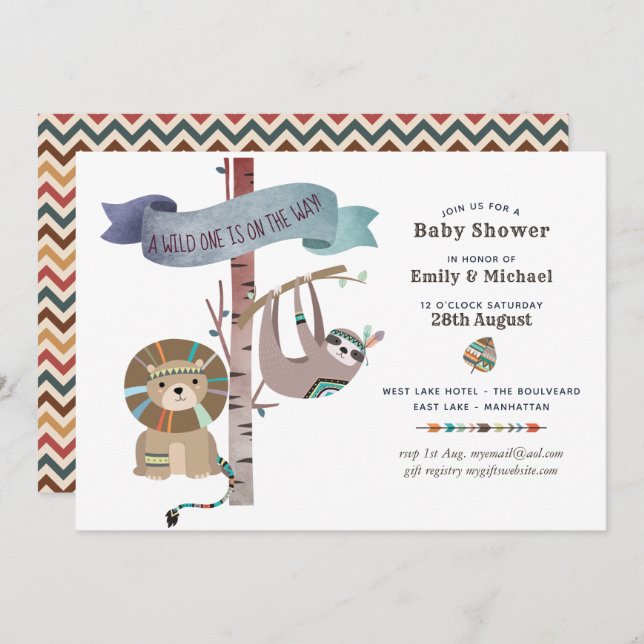 Invitation Wild One Baby shower Tribal Sloth TeePee (Devant / Derrière)