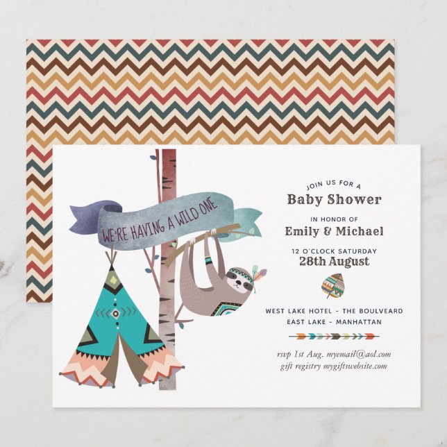 Invitation Wild One Baby shower Tribal Sloth TeePee (Devant / Derrière)