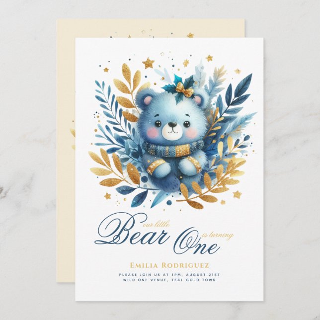 Invitation Wild One Bear 1er anniversaire (ou EDIT AGE) Or Tu (Devant / Derrière)